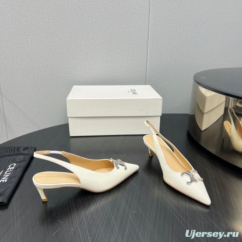2025 Women Celine White Patent Leather Kitten Heel Pointed Toe Trimed KFY00290
