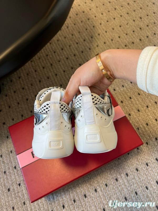 2025 Women Roger Vivier White Black Leather Synthetic Fabric Sneakers KFY00380