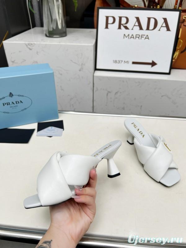 2025 Women Prada White Calf Leather Heeled Slide LY00270