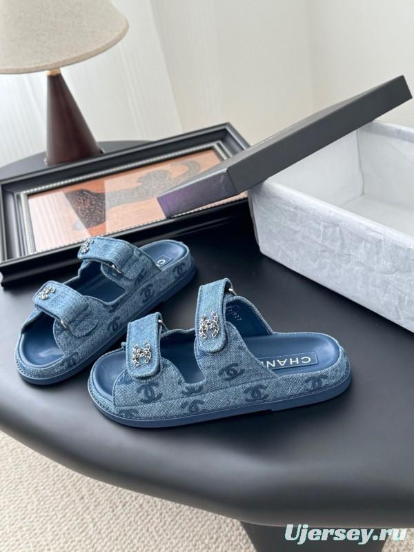 2025 Women Chanel Blue Denim Leather Slippers LY00310
