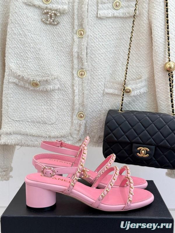 2025 Women Chanel Pink Leather Chain Strap Sandals