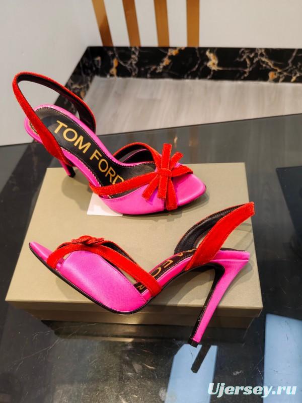 2025 Women TOM FORD Pink Red Velvet Silk High Heel Open Back Sandals