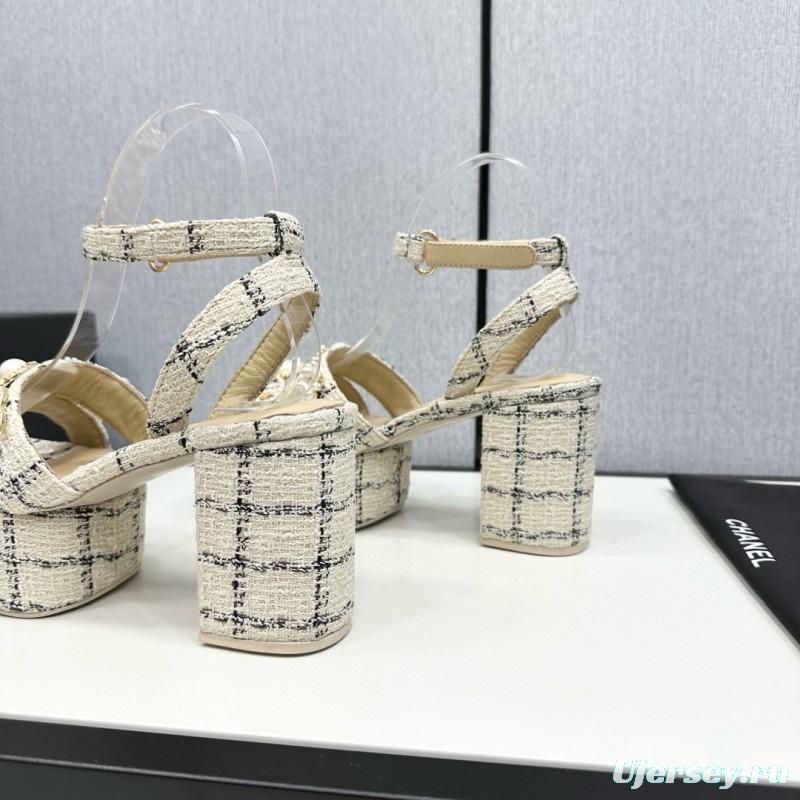 2025 Women Chanel Beige Black Tweed Leather Platform Sandals MJ00310