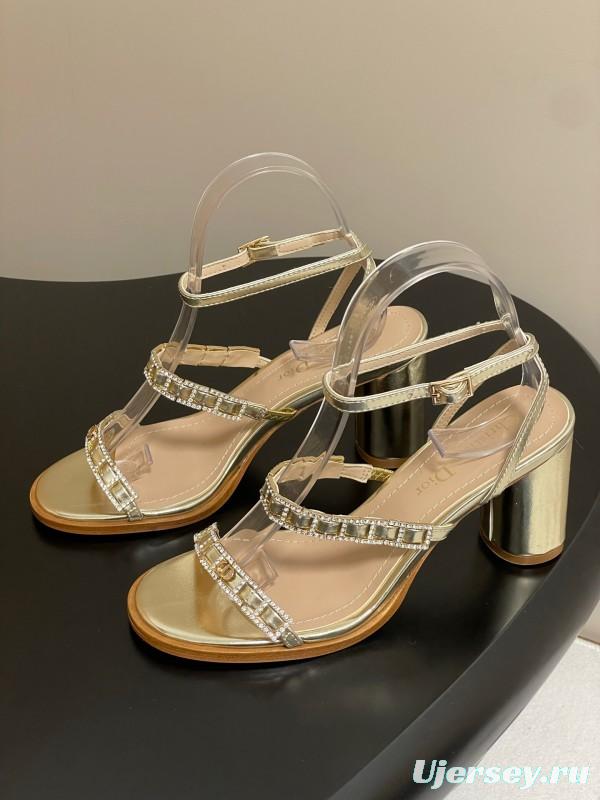 2025 Women Dior Gold Leather Crystal Block Heel Sandals