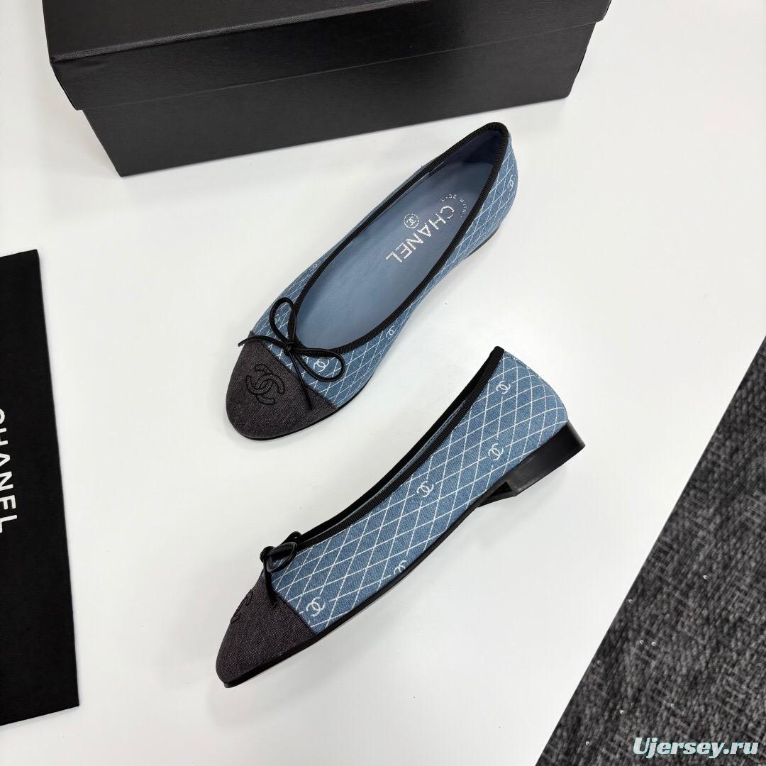 2025 Women Chanel Blue Black Fabric Leather Ballet Flats