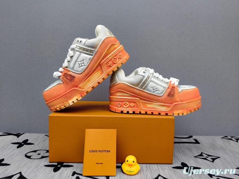 2025 Unisex Louis Vuitton Orange White Denim Leather Plimsolls Complex Wash KFY00510