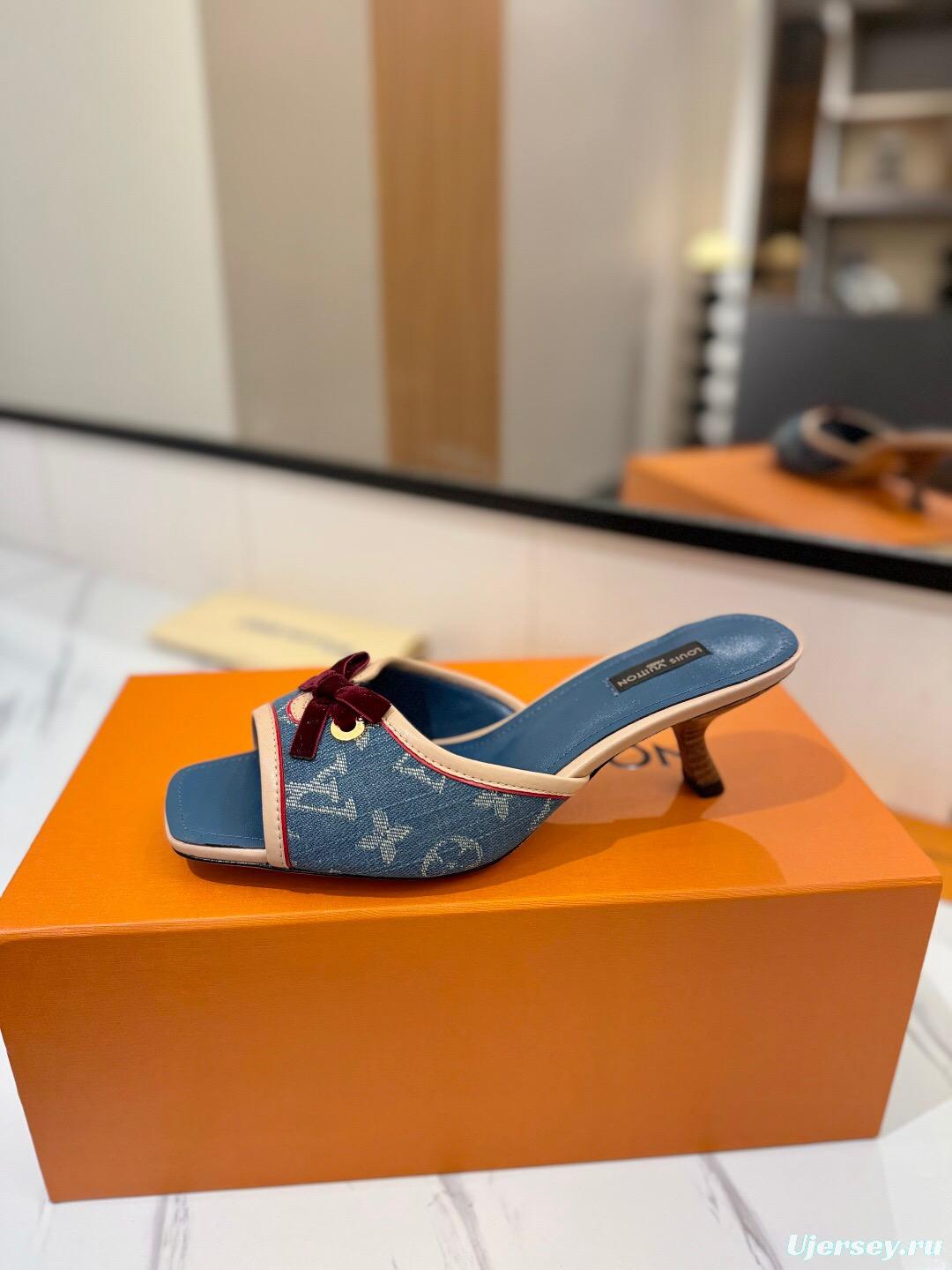 2025 Women Louis Vuitton Blue Denim Leather Sandals KFY00310