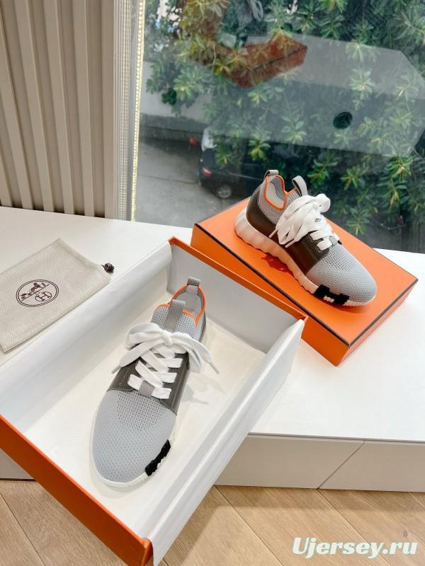 2024 Unisex Hermès Beige Grey Orange Black Leather Suede Knit Sneakers MJ00290