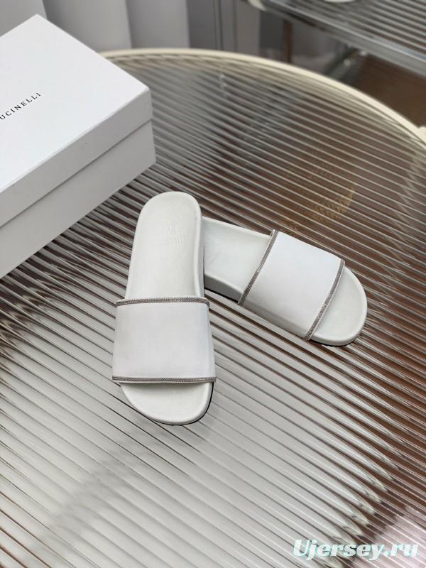 2025 Unisex Brunello Cucinelli White Imported Suede Flat Slide Sandals Handmade Beaded Chain Inlay KFY00240