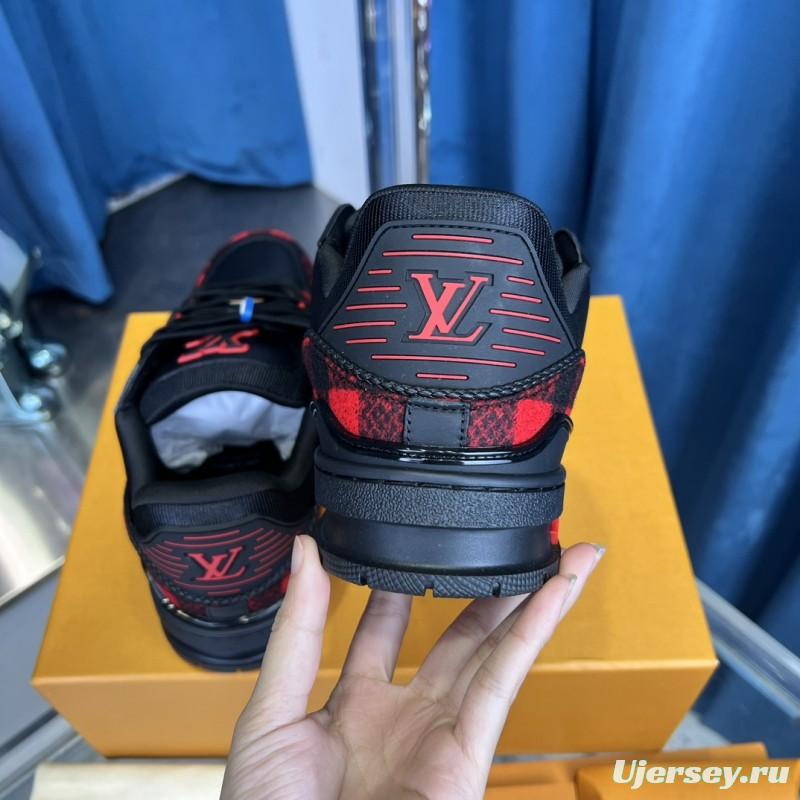 2025 Unisex Louis Vuitton Black Red Leather Sneakers