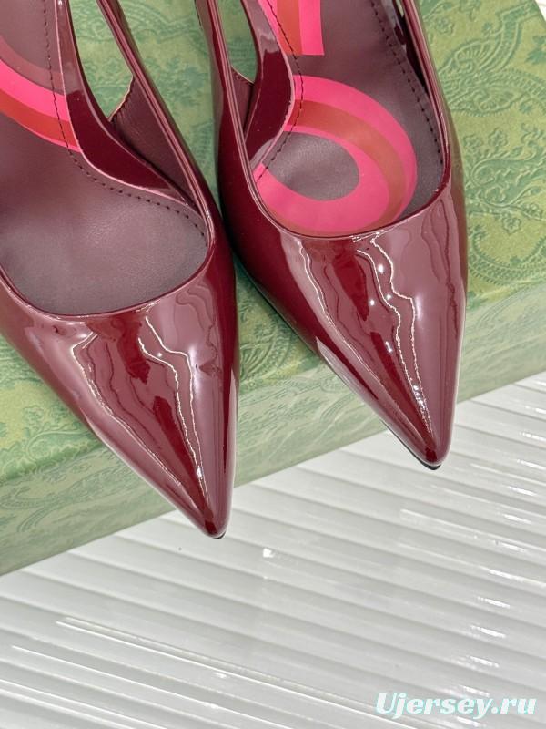 2025 Women Gucci Burgundy Patent Leather Slingback Chain High Heel KFY00300
