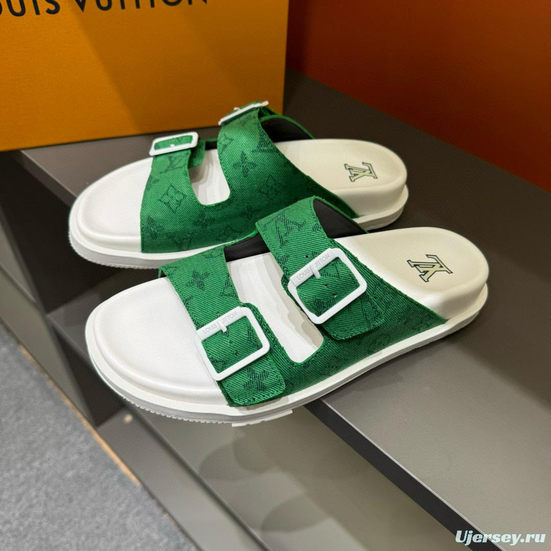 2024 Men Louis Vuitton Green Silk Leather Sandals MJ00210