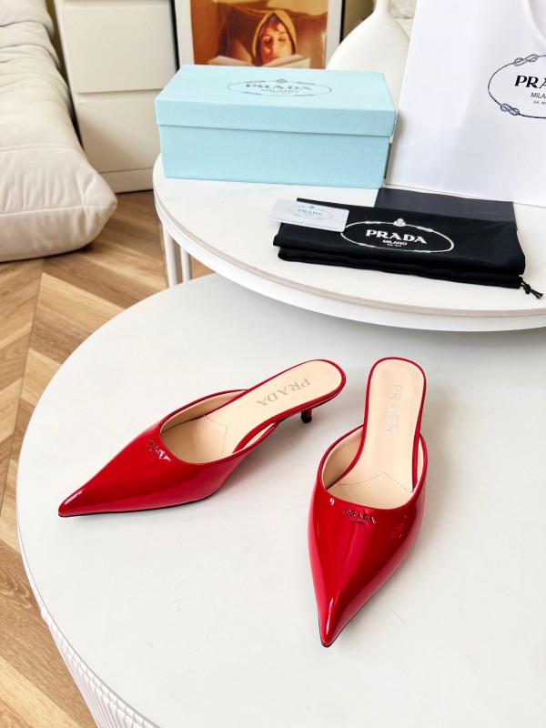 2025 Women Prada Red Patent Leather High Heel Mules LY