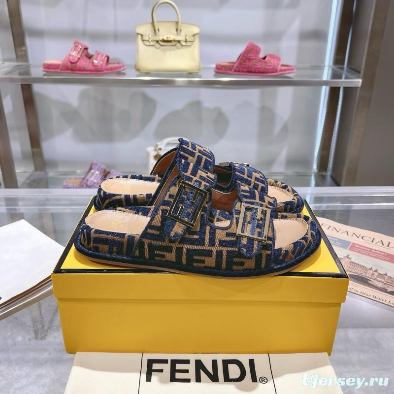 2025 Slippers Fendi Blue Brown Jacquard FF Pattern MJ00230