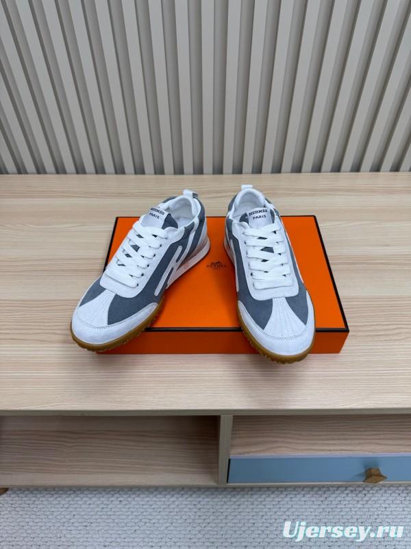 2025 Unisex Hermès White Grey Suede Canvas Sneakers KFY00300