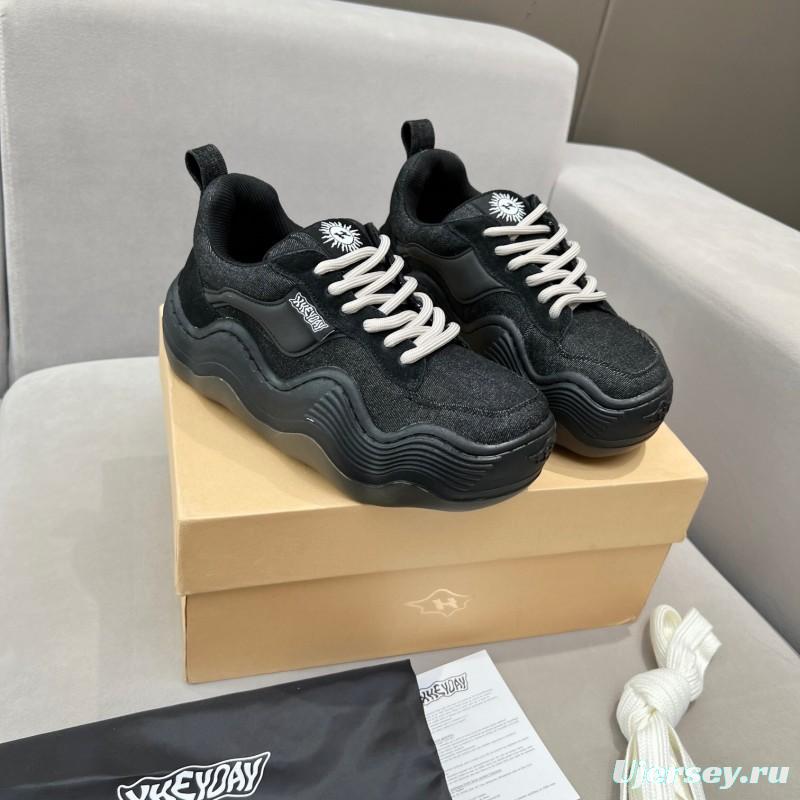 2025 Unisex HEYDAY Black Canvas Leather Wave Sneakers KFY00260