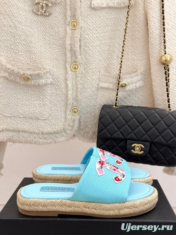 2025 Slippers Chanel Light Blue Fabric Women Embroidered Floral CC Logo KFY00230