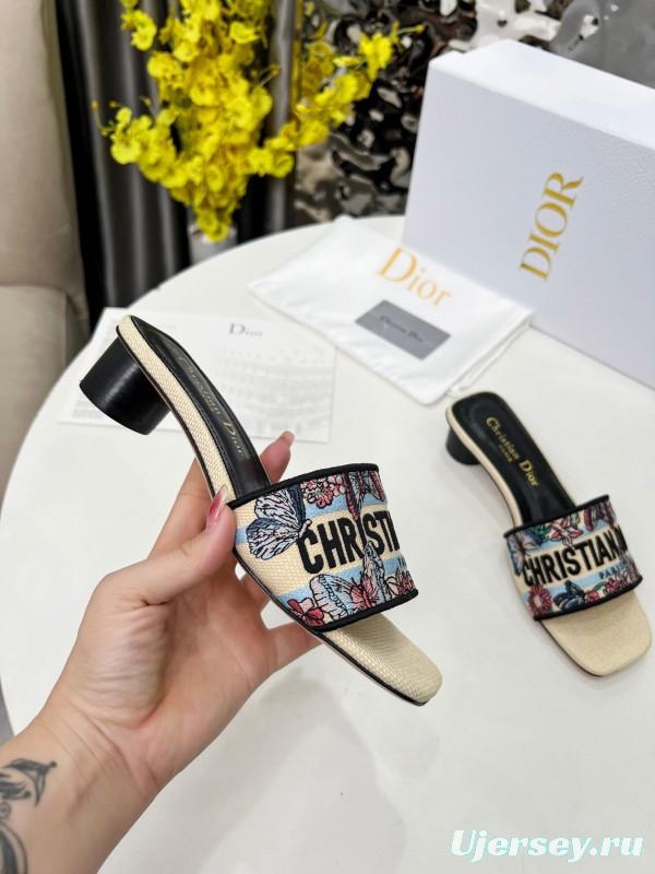 2025 Women Dior Black Beige Embroidery Mid Heel Slippers