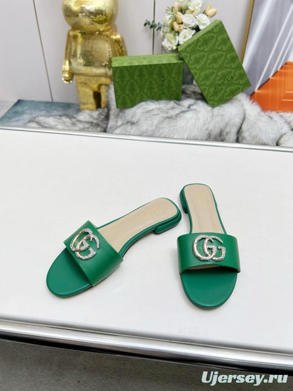 2025 Women Gucci Green Leather Flat Heel Slippers Double G Buckle MJ00190