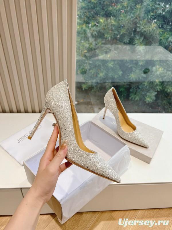 2025 Women Jimmy Choo Silver Glitter Leather Pointed Toe Pumps KFY00280