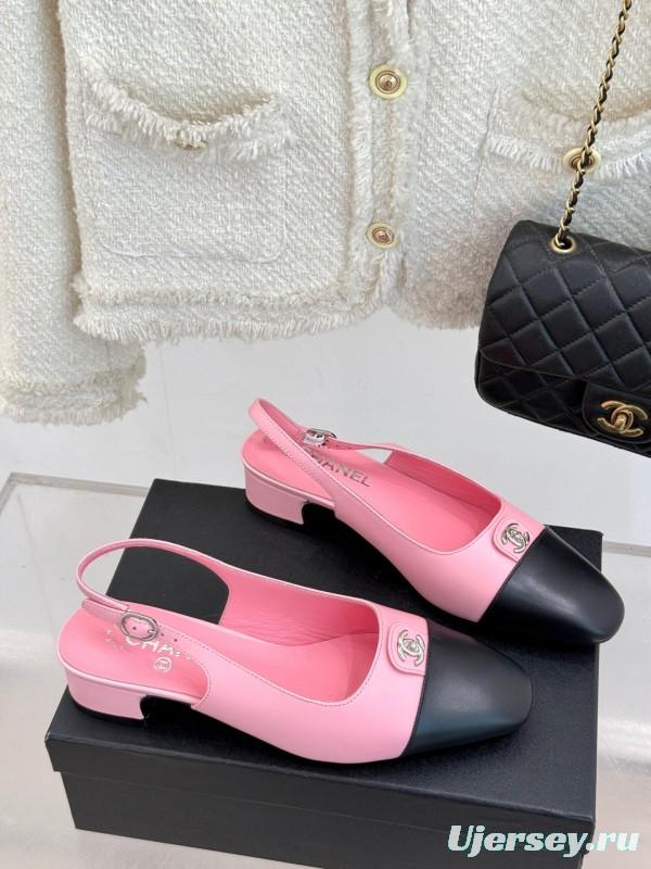2025 Women Chanel Pink Black Leather Slingback Low Heel KFY00280