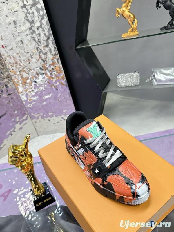 2024 Unisex Louis Vuitton Orange Black White Leather Denim Plimsolls Artist Hand-drawn MJ00780