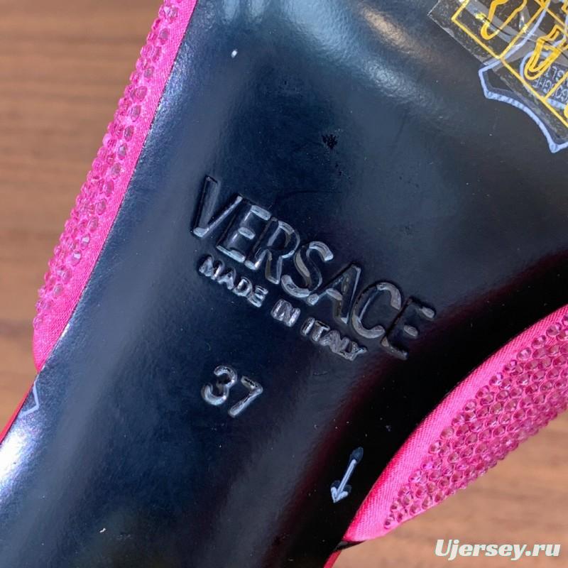 2025 Women VERSACE Pink Silk Leather Mules Crystal Embellishment KFY00300