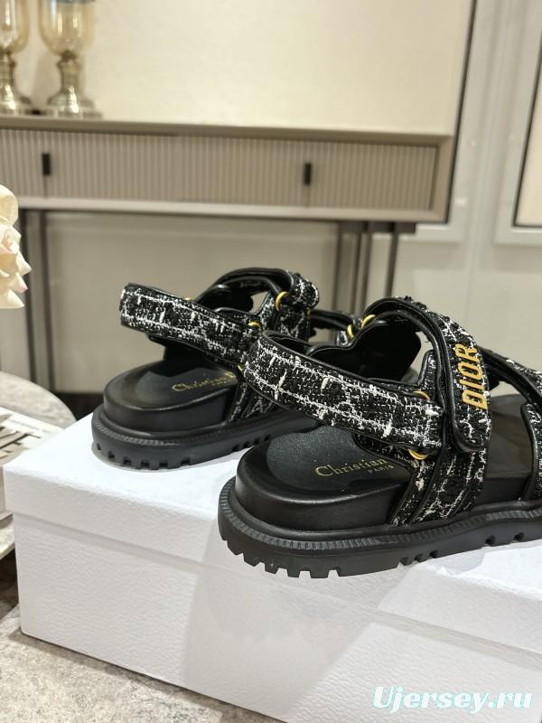 2025 Women Dior Black Fabric Leather Sandals KFY00300