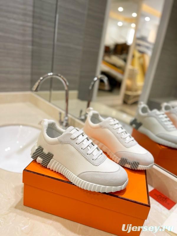 2024 Unisex Hermès White Cream Imported Silky Goat Suede Nylon Sneakers MJ00320