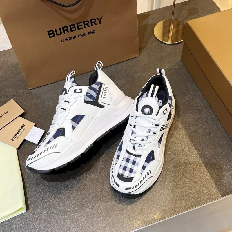 2025 Unisex Burberry White Blue Suede Leather Sneakers Vintage Check MJ00380