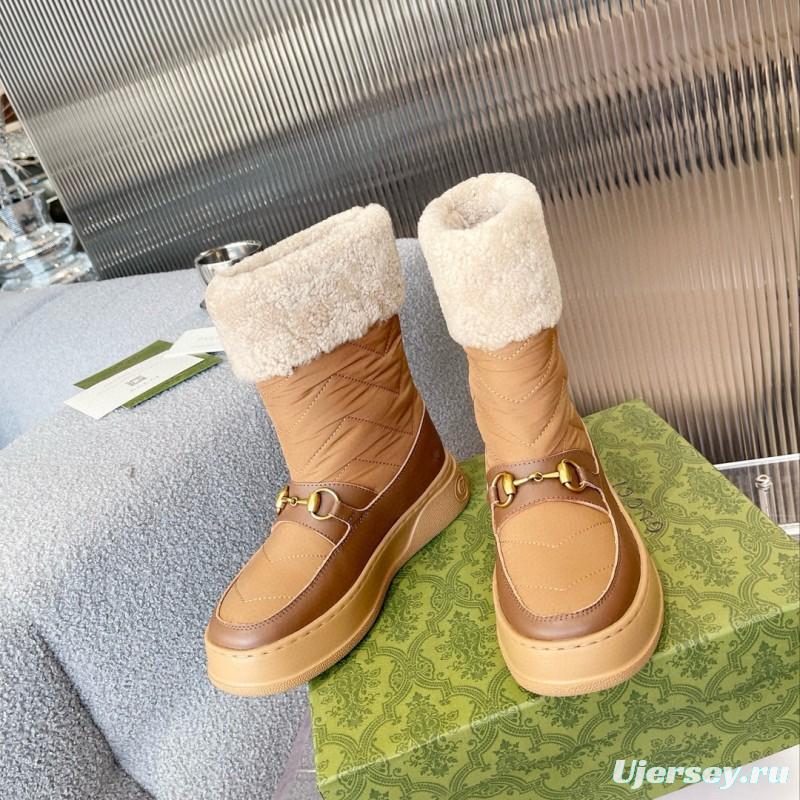 2024 Women Gucci Brown Tan Leather Shearling Lined Snow Boots MJ00420