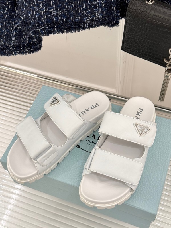 2025 Women Prada White Leather Slippers KFY00240