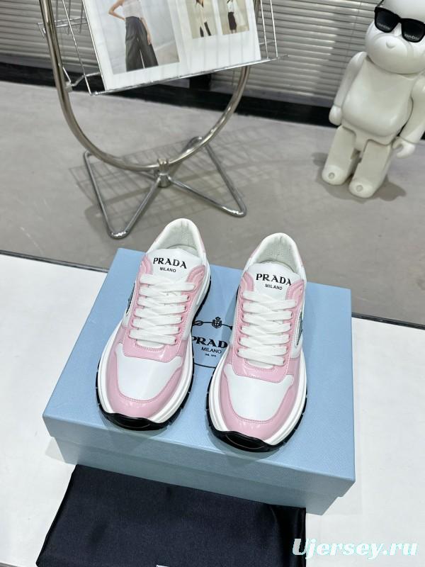 2025 Women Prada White Pink Leather Sneakers