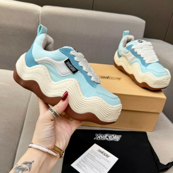 2025 Unisex HEYDAY Blue White Canvas Leather Wave Sneakers KFY00260