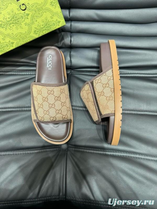 2024 Slippers Gucci Brown Canvas Leather Slippers MJ00200