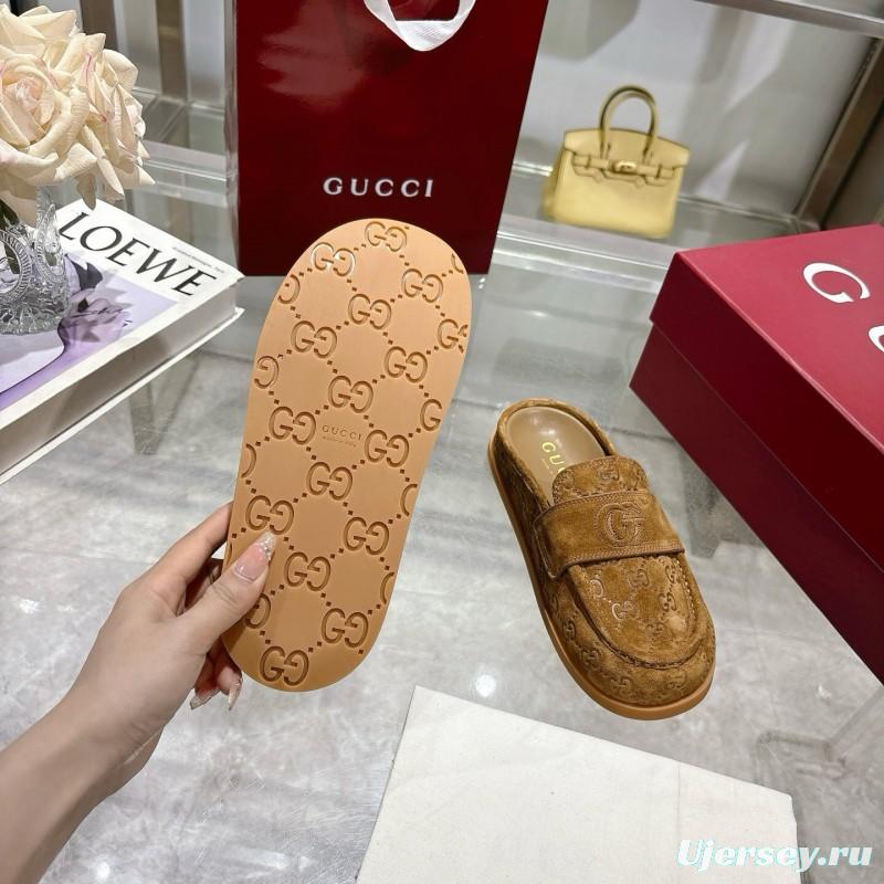 2025 Women Gucci Dark Brown Suede Loafers Embossed GG LY00270