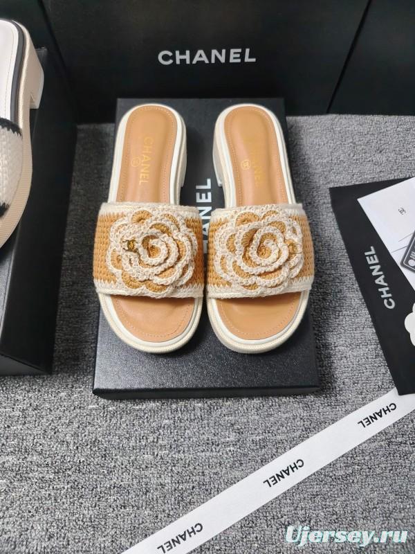 2025 Slippers Chanel Beige White Crochet Flower LY00260