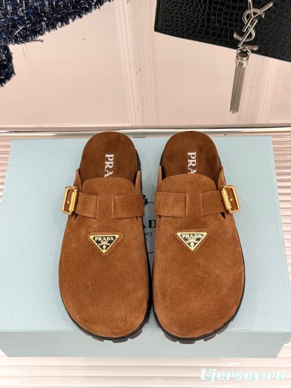 2025 Women Prada Brown Suede Slippers KFY00280