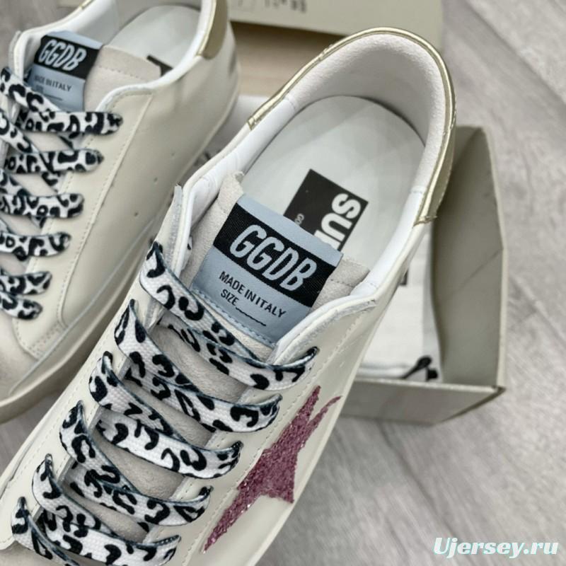 2025 Women GGDB White Pink Leather Sneakers Glitter Star