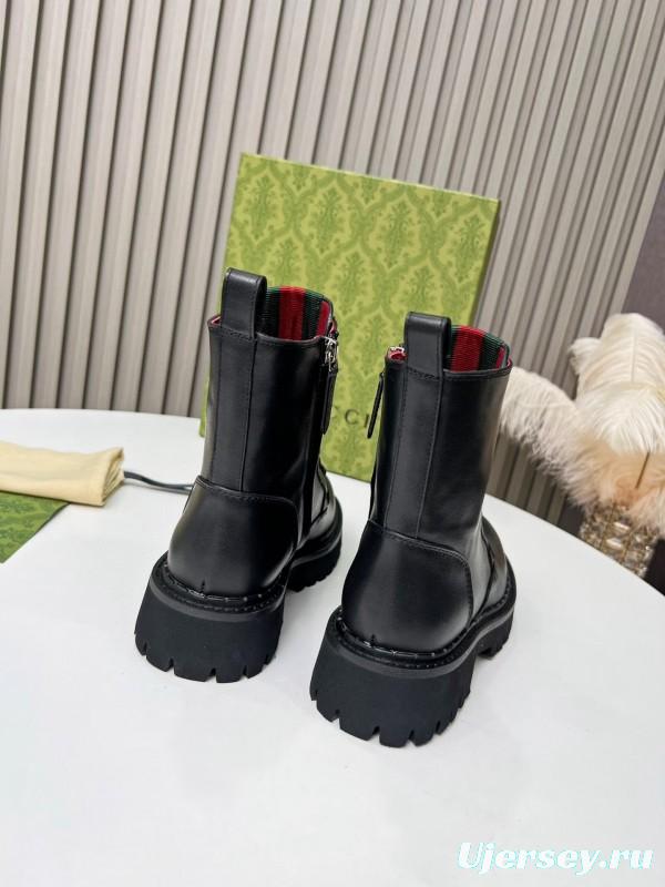 2024 Women Gucci Black Leather Lace-Up Combat Boots Red Green Web MJ00340
