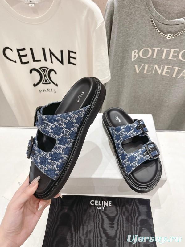 2025/Unisex CELINE Blue Denim Buckled Slide Sandals Stylish Comfort KFY00280