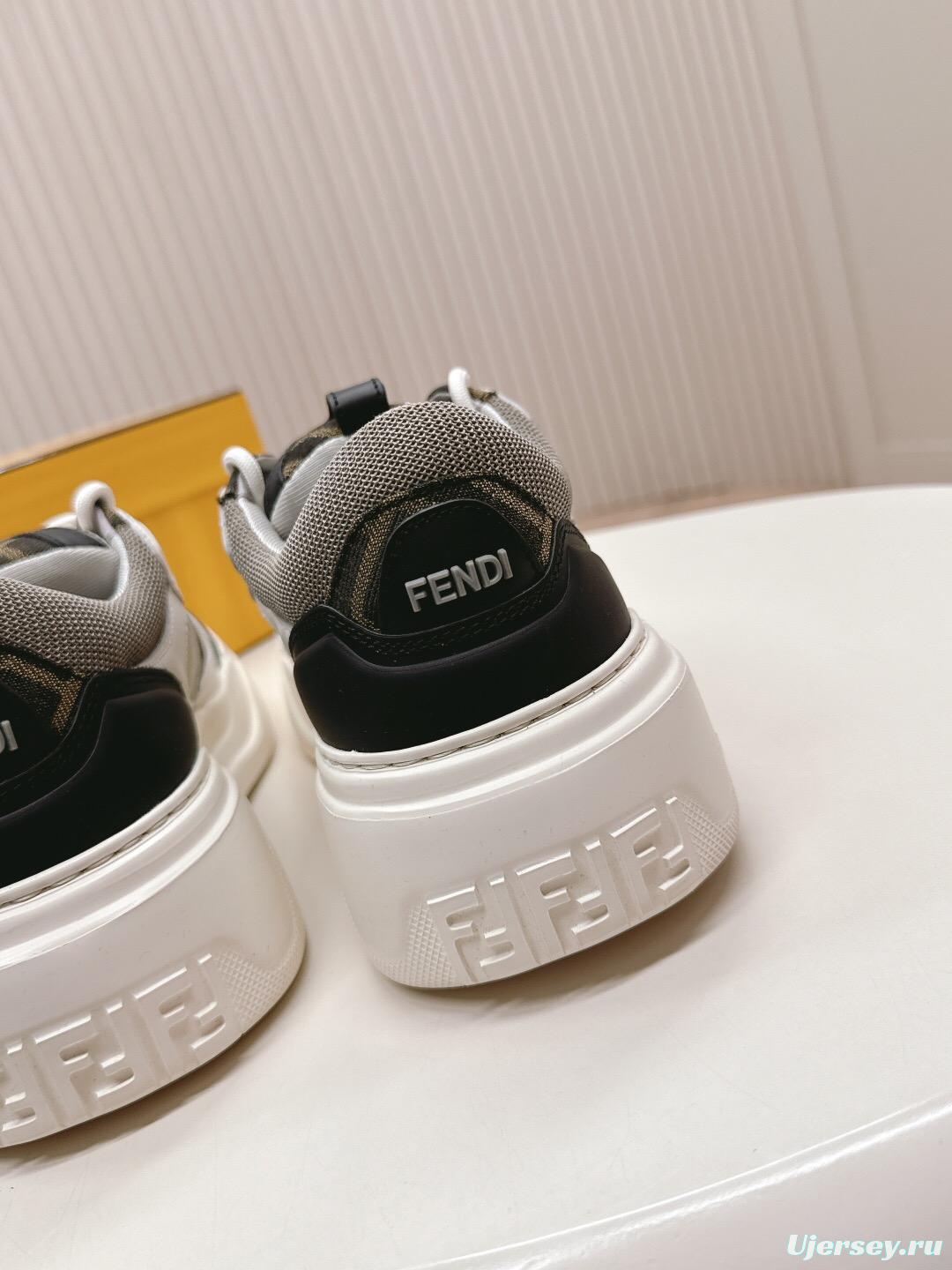 2025 Women Fendi White Black Grey Leather Mesh Sneakers