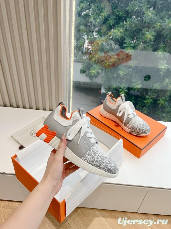 2024 Unisex Hermès Gray White Orange Calfskin Suede Sneakers MJ00290