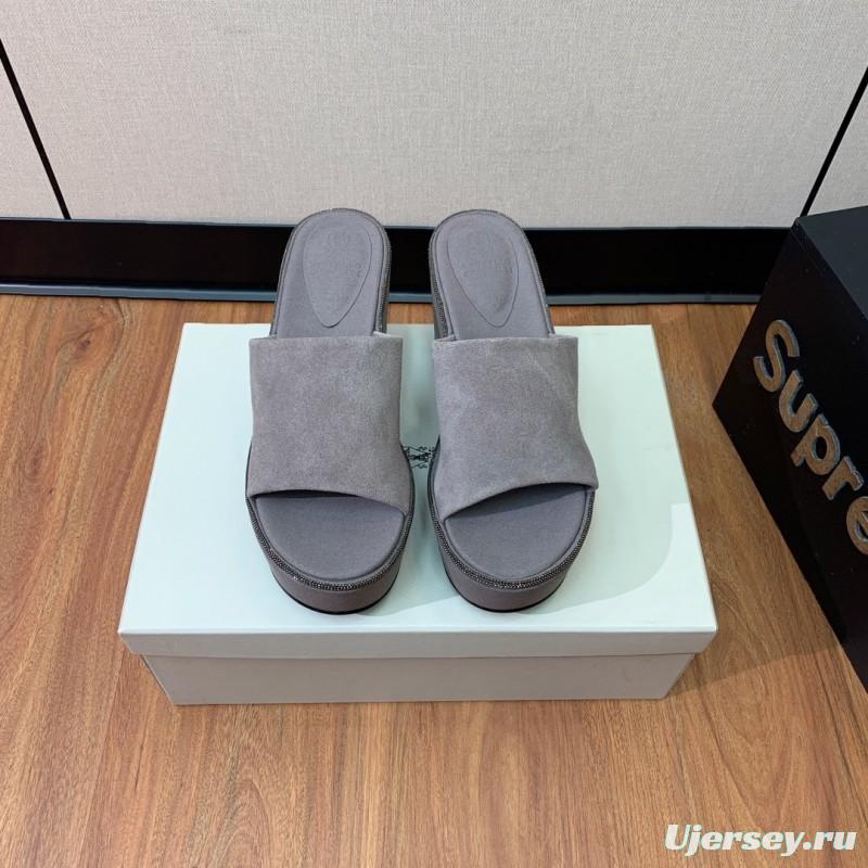 2025 Women BRUNELLO CUCINELLI Grey Suede Platform Slide Sandals Elegant Craftsmanship LY00360(F)
