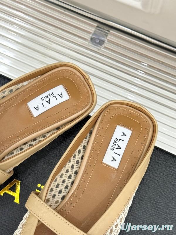 2025 Slippers ALALIA Beige Mesh Leather Flat Buckle