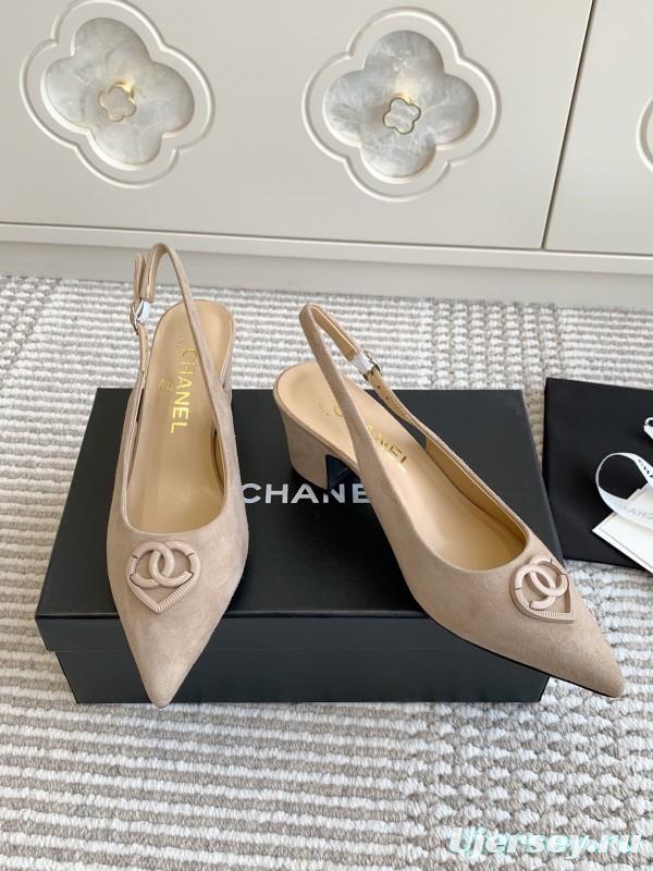 2025 Women Chanel Beige Suede Slingback Pointed Toe Heart CC Sandals