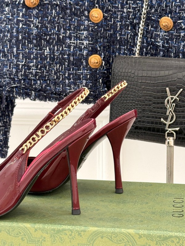 2025 Women Gucci Burgundy Patent Leather Slingback Chain High Heel KFY00300