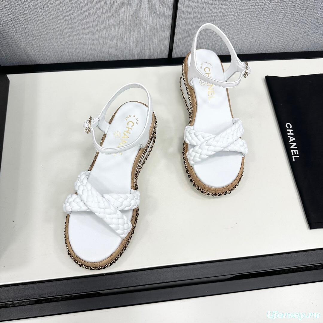 2025 Women Chanel White Leather Wedge Sandals