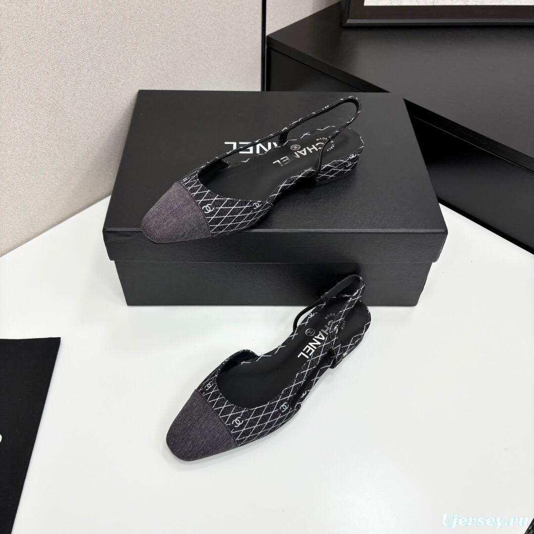 2025 Women Chanel Black White Fabric Leather Slingback LY00240