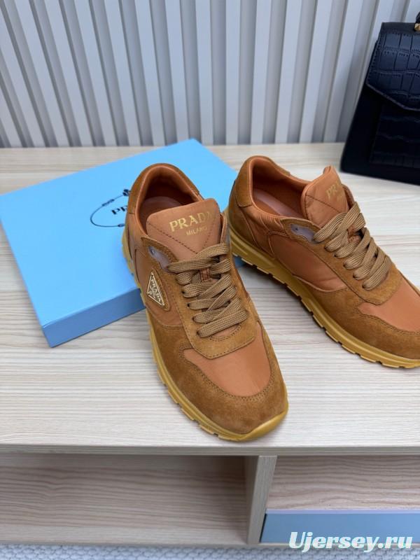 2025 Women Prada Brown Suede Nylon Sneakers LY00300